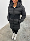 Long Cinched Waist Puffer Jacket - Black