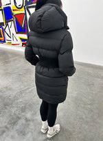 Long Cinched Waist Puffer Jacket - Black