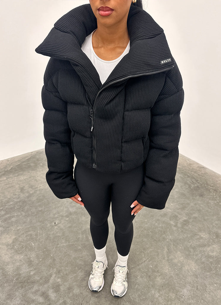 Knit Shawl Collar Puffer Jacket - Black