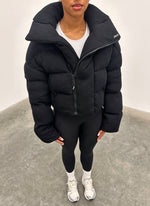 Knit Shawl Collar Puffer Jacket - Black