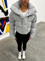 Knit Shawl Collar Puffer Jacket - Grey