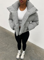 Knit Shawl Collar Puffer Jacket - Grey