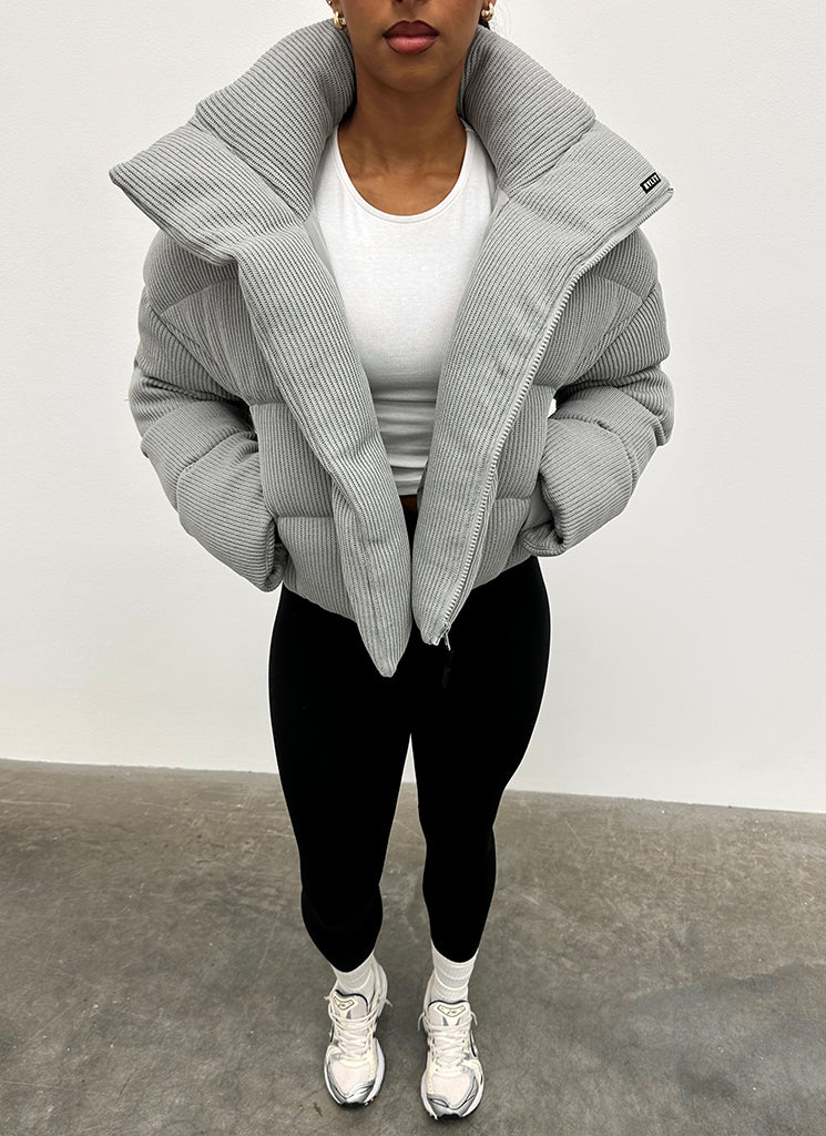 Knit Shawl Collar Puffer Jacket - Grey