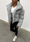 Knit Shawl Collar Puffer Jacket - Grey