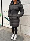 Long Cinched Waist Puffer Jacket - Black