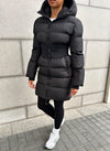 Long Cinched Waist Puffer Jacket - Black