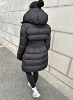 Long Cinched Waist Puffer Jacket - Black