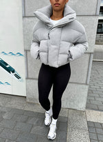 Knit Shawl Collar Puffer Jacket - Grey