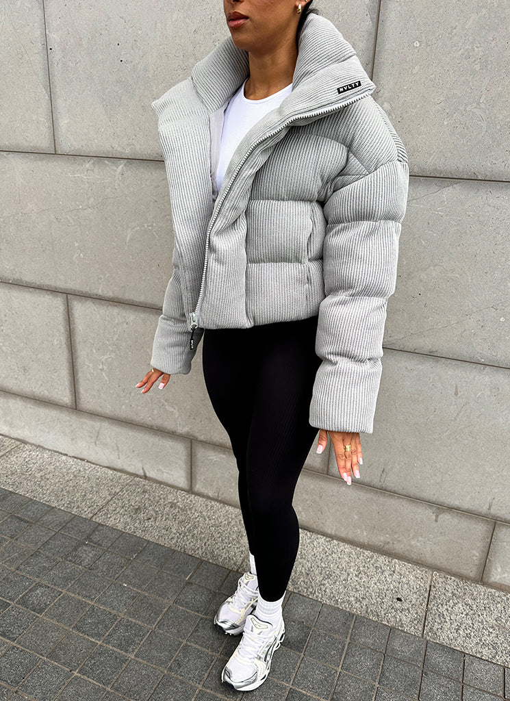 Knit Shawl Collar Puffer Jacket - Grey