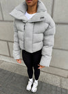 Knit Shawl Collar Puffer Jacket - Grey