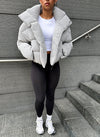 Knit Shawl Collar Puffer Jacket - Grey