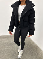 Knit Shawl Collar Puffer Jacket - Black