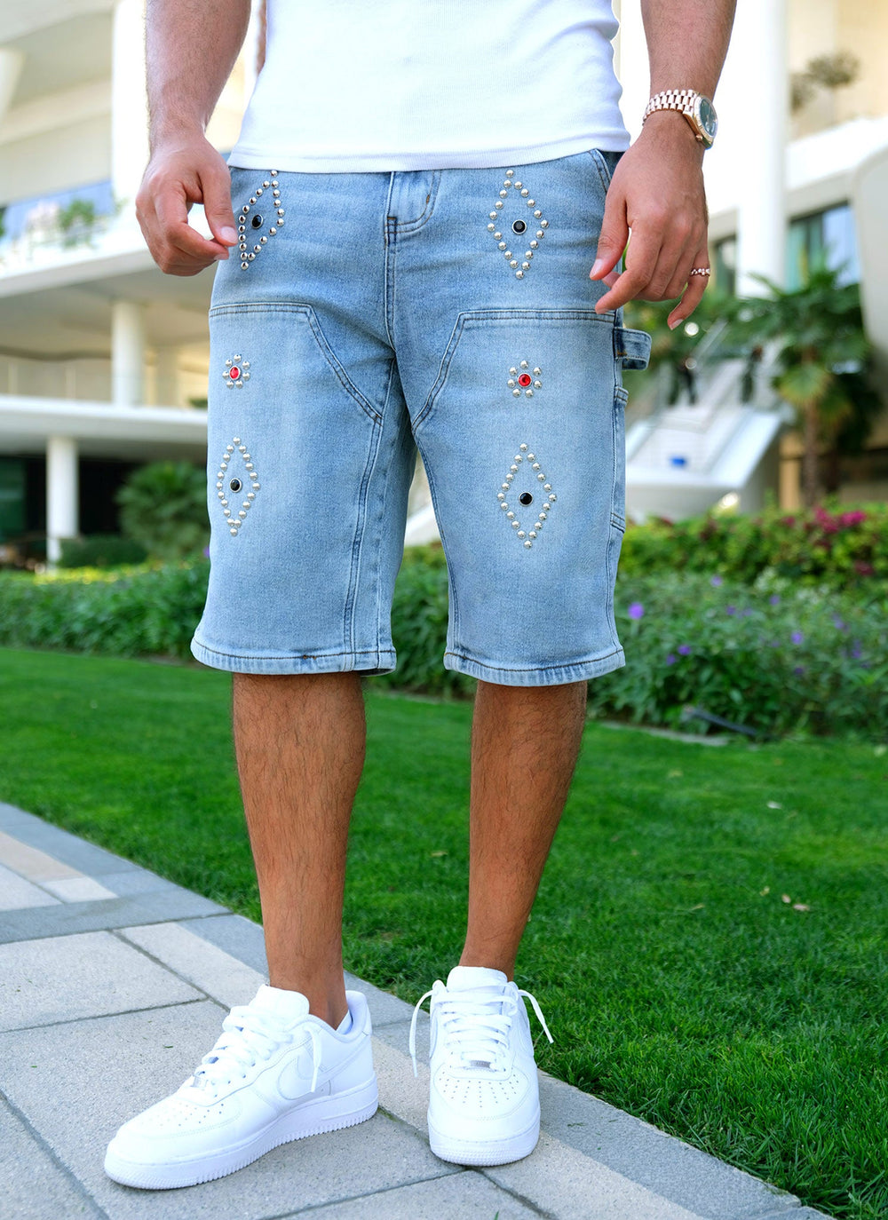 Vintage Carpenter Studded Denim Shorts - Blue