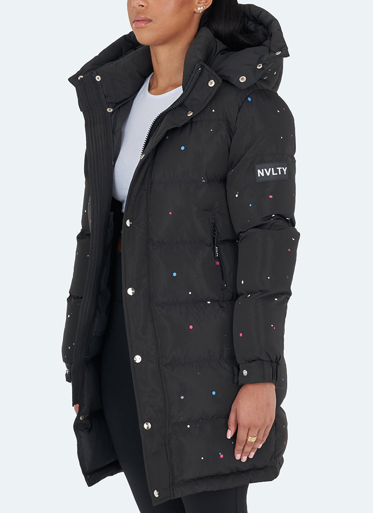 Lange Pufferjacke in Lackoptik – Schwarz 