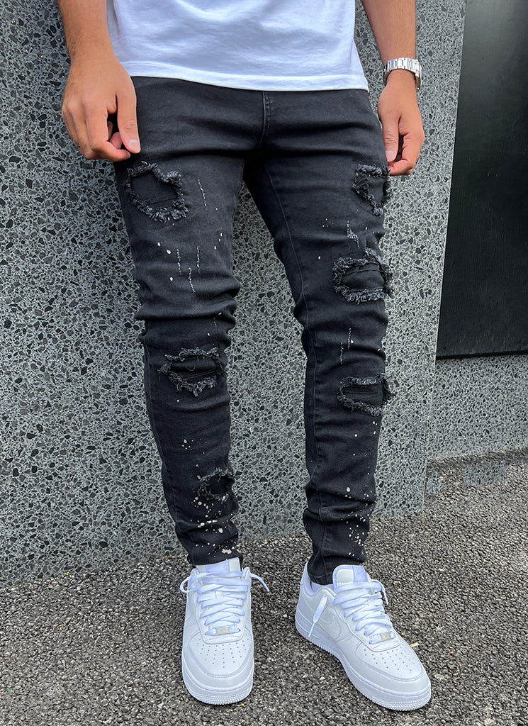 Dreifach-Patchwork-Jeans – Schwarz