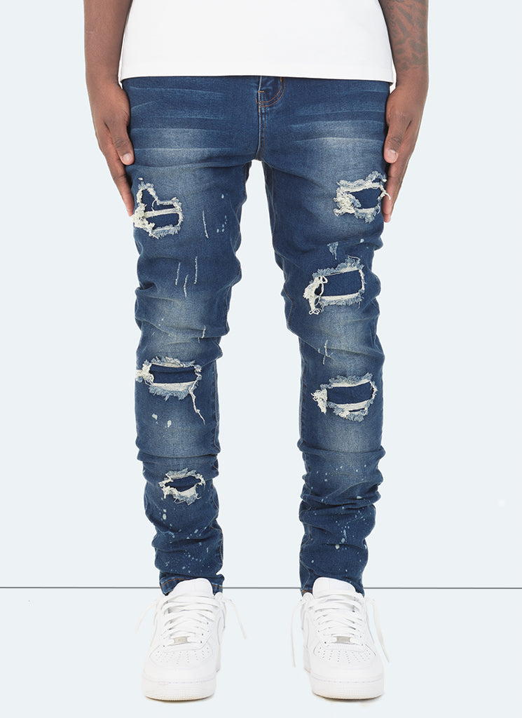 Dreifach-Patchwork-Jeans – Dunkelblau