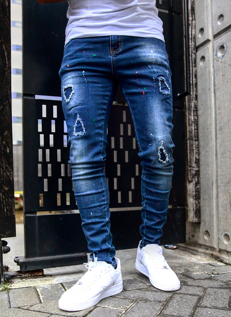 Patchwork Paint Jeans - Dark Blue