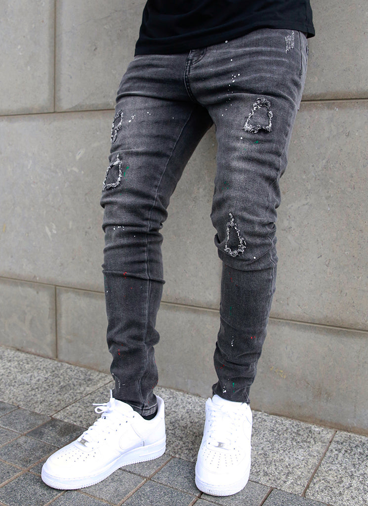 Patchwork-Lackjeans – Grau