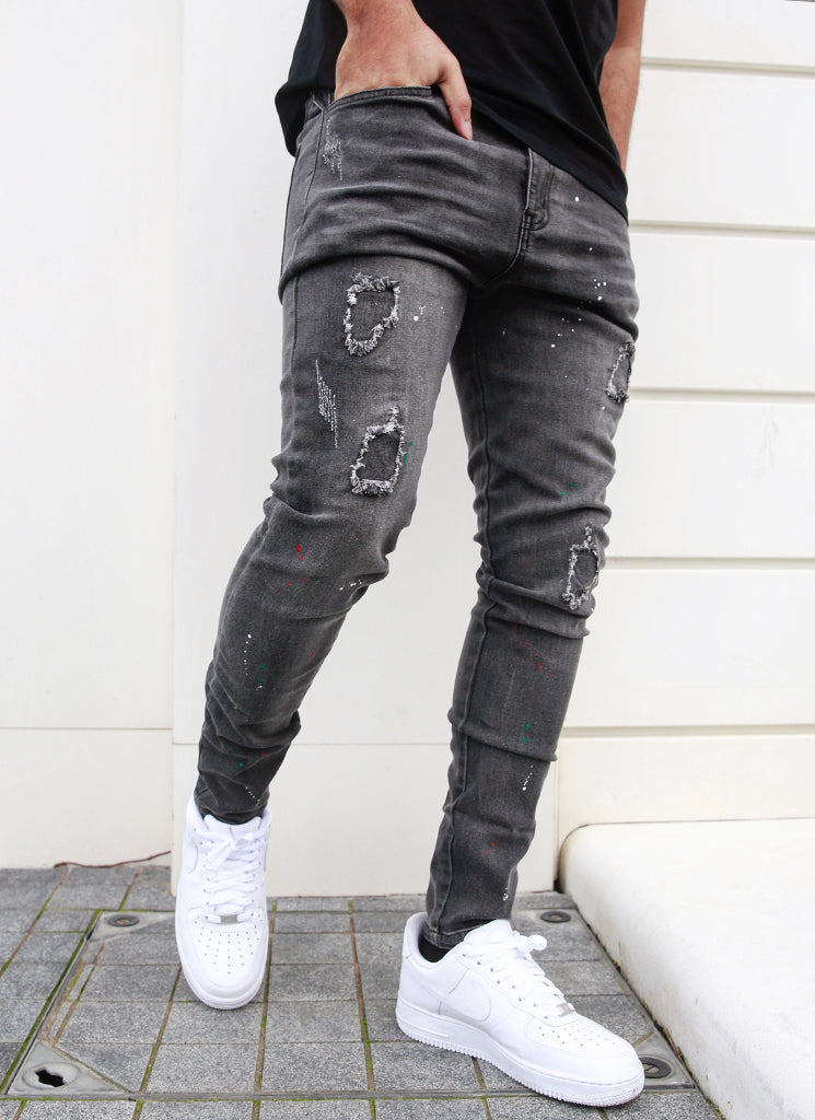 Patchwork-Lackjeans – Grau