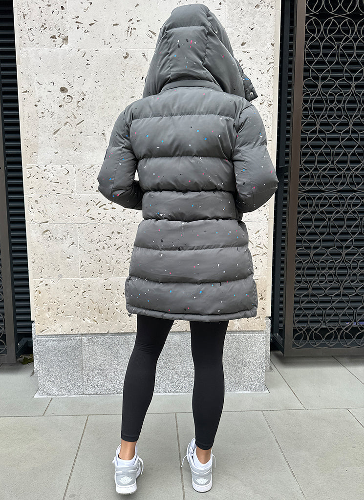 Long Paint Puffer Jacket - Charcoal Grey