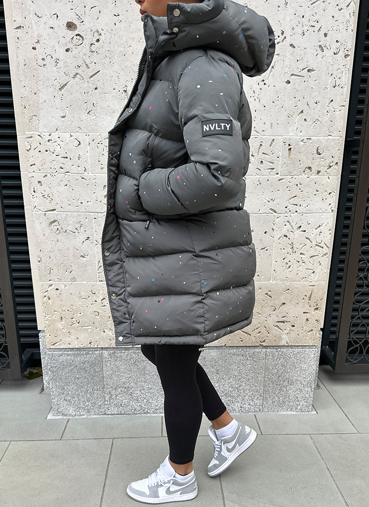 Long Paint Puffer Jacket - Charcoal Grey